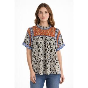 THML Floral Boho Blouse Size M Orange Blue Mixed Print Keyhole Back Top